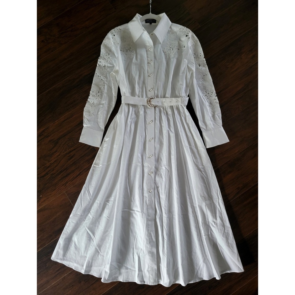 Generation Love Julia Lace Combo Maxi Shirt Dress White Pearl Button Down Large